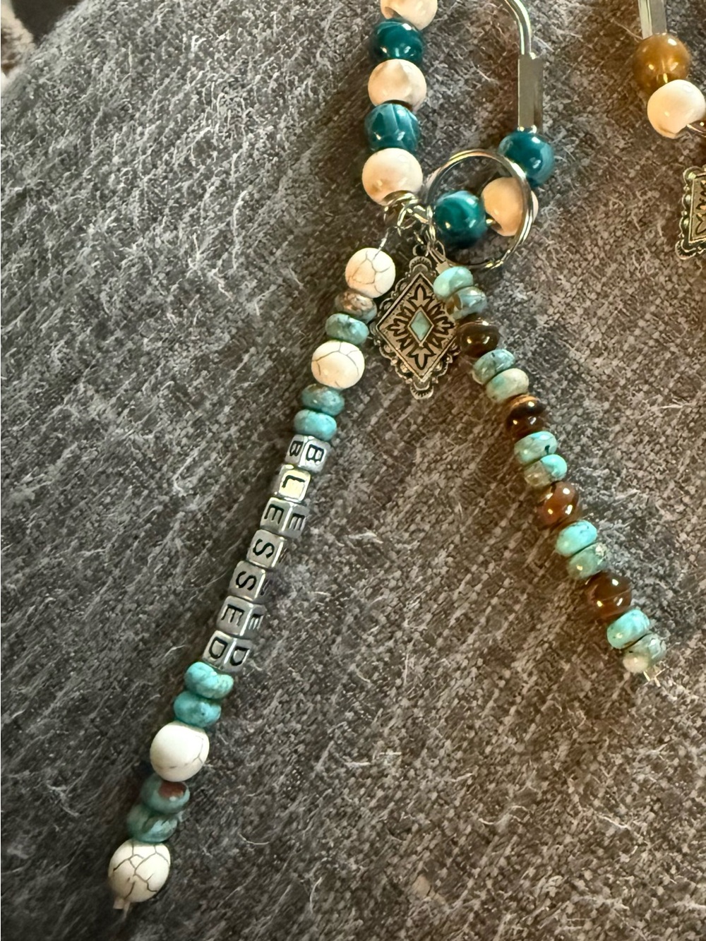 Blessed Turquoise Beaded Keychain Charm - Teal and Cream Accent